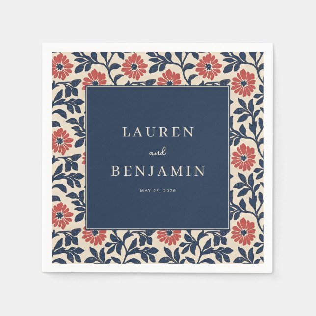 Serviette En Papier Bordure Florale Navy Élégante (Devant)