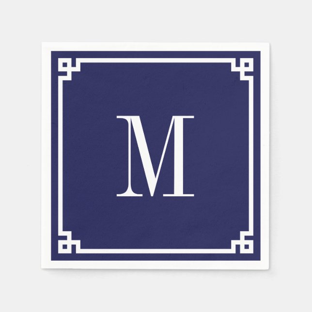 Serviette En Papier Bordure grecque Navy et Blanc Monogrammé (Devant)