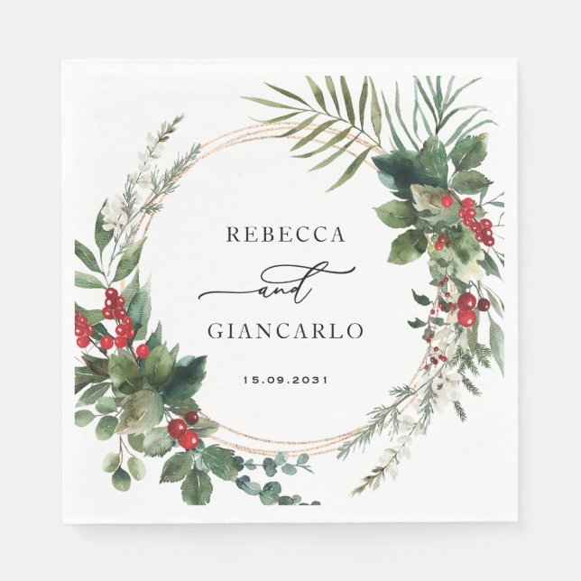 Serviette En Papier Botanical Holiday Greenery Red Berries Wedding (Devant)