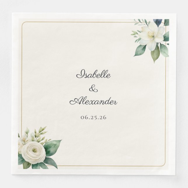 Serviette En Papier Botanical White Floral Green Leaves Personalized (Devant)
