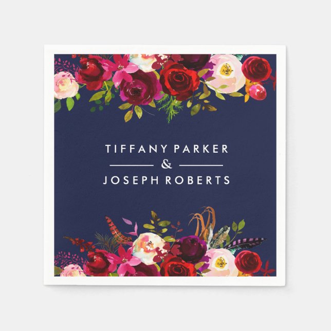 Serviette En Papier Botanique Bourgogne Marine Jardin bleu Mariage flo (Devant)