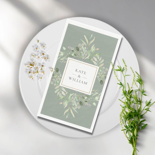 Serviette En Papier Botanique Verdure Feuillage Sage Vert Mariage (Créateur téléchargé)