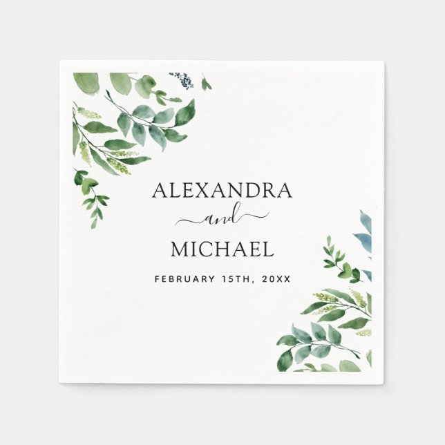 Serviette En Papier Botanique Verdure Foliage Mariage d'aquarelle (Devant)