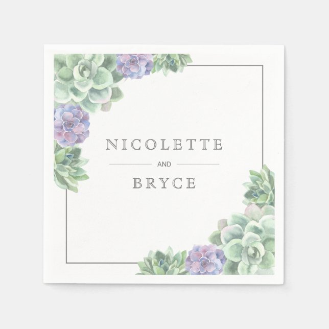 Serviette En Papier Botanique vert et violet Succulents Mariage (Devant)