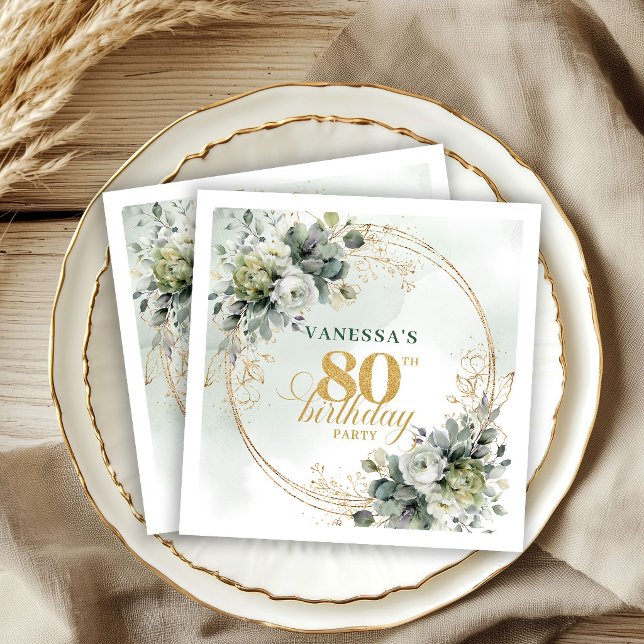 Serviette En Papier Botanique Vert Or Eucalyptus 80e Anniversaire Serv (Botanical Green Gold Eucalyptus 80th Birthday Napkins)