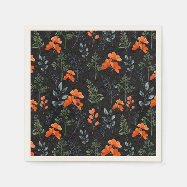 Serviette En Papier Botaniques en floraison Orange Floral Vert Branche (Devant)
