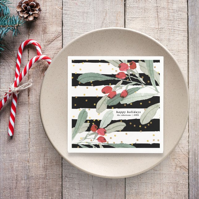Serviette En Papier Botaniques rayées de fêtes de Noël en or (Créateur téléchargé)