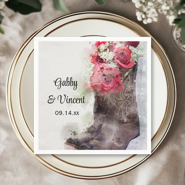 Serviette En Papier Botte de cowboy Red Roses Mariage occidental Aquar (Créateur téléchargé)