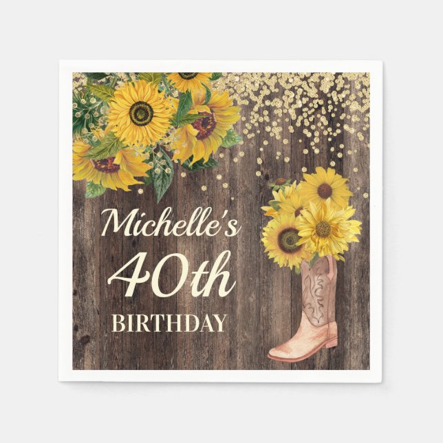 Serviette En Papier Bottes à paillettes de soleil rustique 40e anniver (Devant)