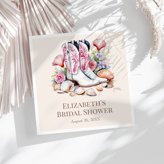 Serviette En Papier Bottes de cowgirl côtières rose boho pour une douc (Boho Pink Coastal Cowgirl Boots Bridal Shower Napkins on a sunny white table.)