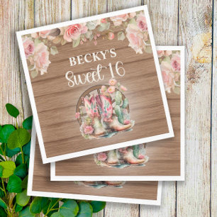 Serviette En Papier Bottes de cowgirl rustiques Roses roses Douce 16