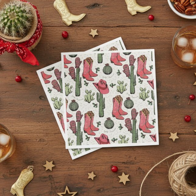 Serviette En Papier Bottes de la petite fille de Noël de l'Ouest (Western Howdy Christmas Ivory Paper Napkins. Pink & Red Xmas Cowgirl Boots, Succulents, Cacti)