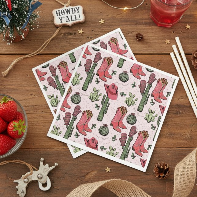 Serviette En Papier Bottes de la petite fille de Noël de l'Ouest (Western Howdy Christmas Pink Paper Napkins. Pink & Red Xmas Cowgirl Boots, Succulents, Cacti)