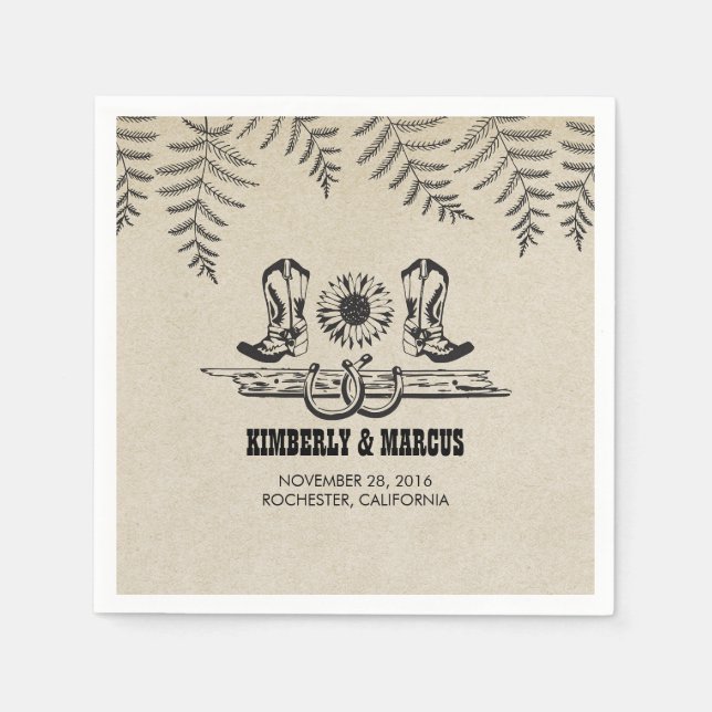 Serviette En Papier Bottes Tournesol Cowboy Mariage campagnard rustiqu (Devant)