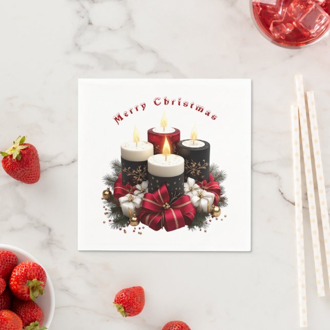 Serviette En Papier Bougies de Noël Ruban de Satin Rouge Blanc (En situation)