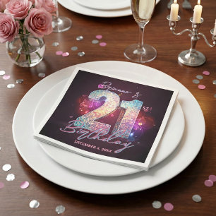 Serviette En Papier Boule de Disco Violet Néon Notes de Musique 21e An