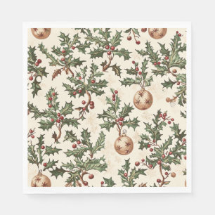Serviette En Papier Boule de Noël en or et crème vintage baie de houx