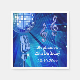 Serviette En Papier Boule disco bleue et microphone rétro 25e annivers