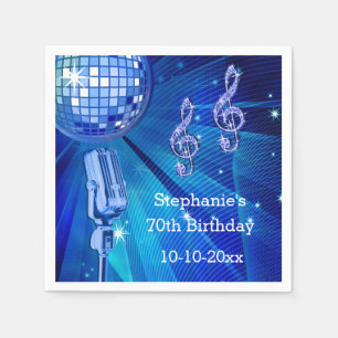 Serviette En Papier Boule disco bleue et microphone rétro 70e annivers