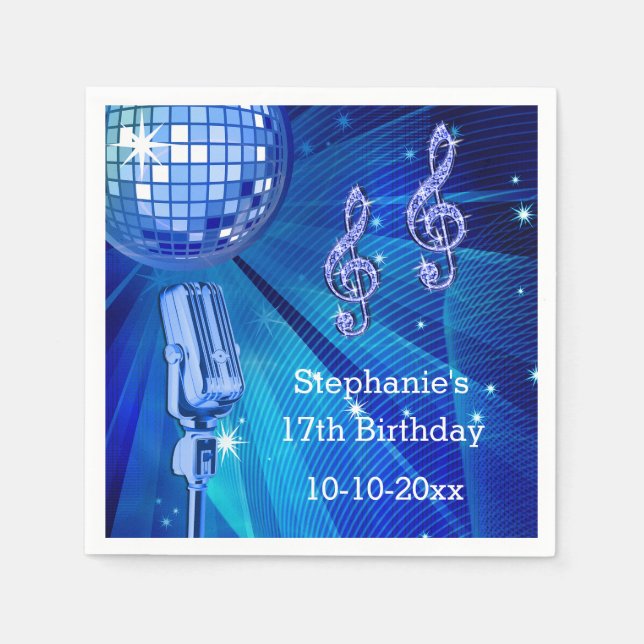 Serviette En Papier Boule disco bleue et microphone rétro pour 17e ann (Devant)