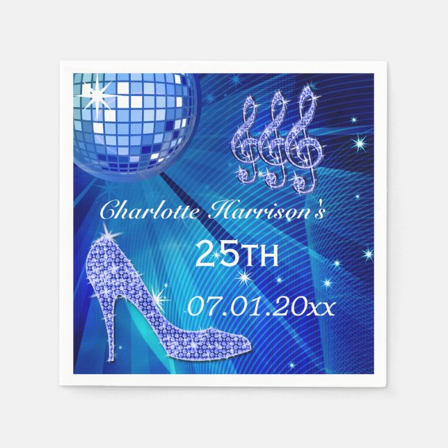 Serviette En Papier Boule disco bleue et talons à paillettes 25e (Devant)