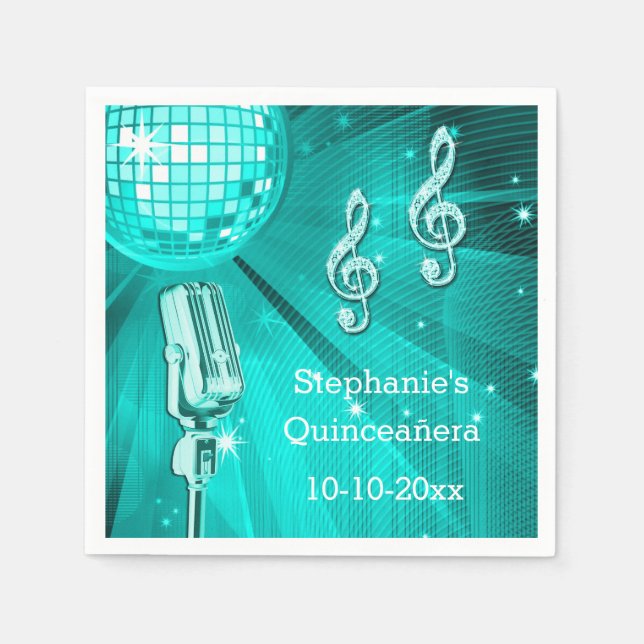 Serviette En Papier Boule disco sarcelle et microphone rétro pour Quin (Devant)