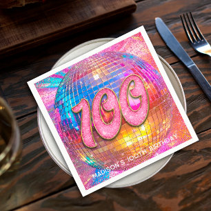 Serviette En Papier Boule disco Strass Rose Doré Fête des 100 ans