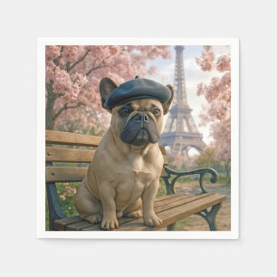 Serviette En Papier Bouledogue français sur un banc de parc parisien