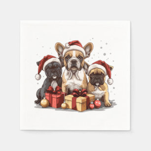 Serviette En Papier Bouledogues français de Noël chapeau de Père Noël