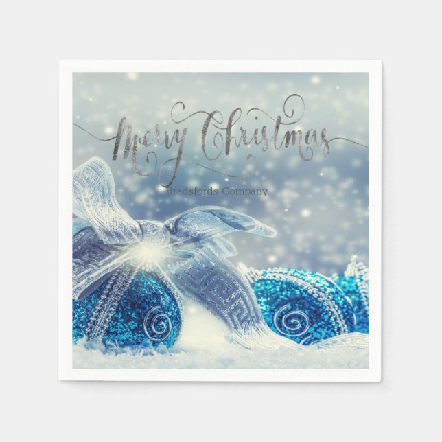 Serviette En Papier Boules bleues de Noël Bokeh (Devant)