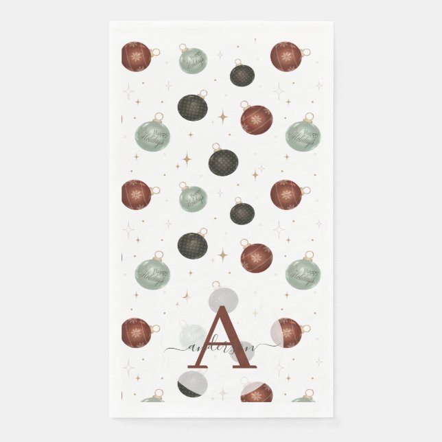 Serviette En Papier Boules de Noël Monogrammées à l'Aquarelle Élégante (Devant)