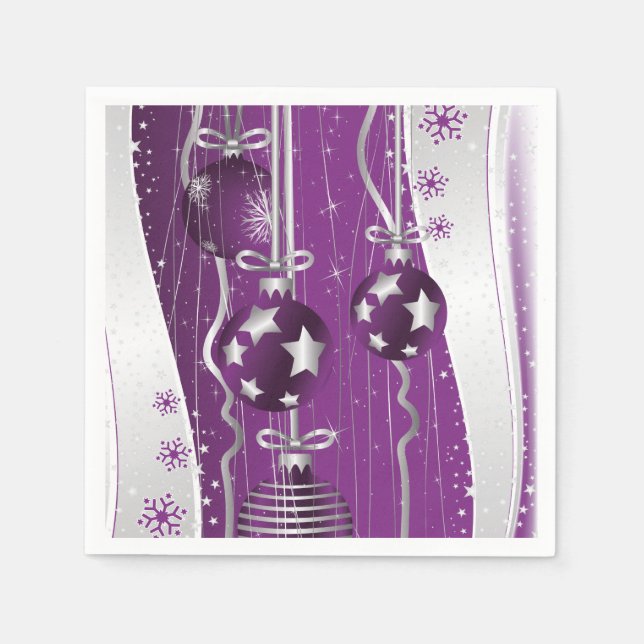Serviette En Papier Boules de Noël violettes, gris argenté et flocons  (Devant)