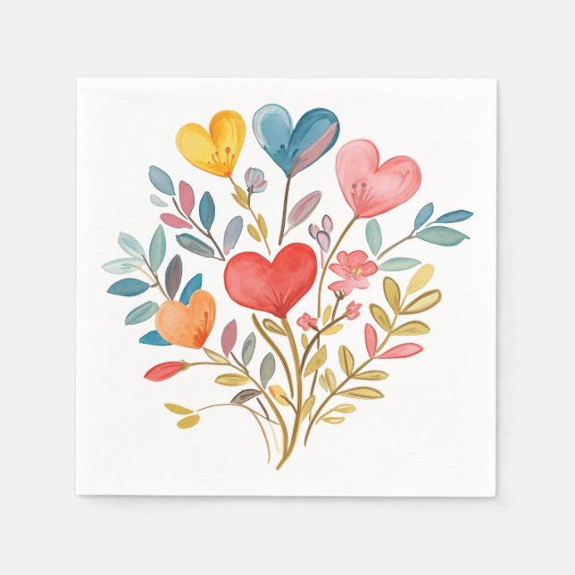 Serviette En Papier Bouquet d'aquarelle avec coeurs et feuilles (Devant)