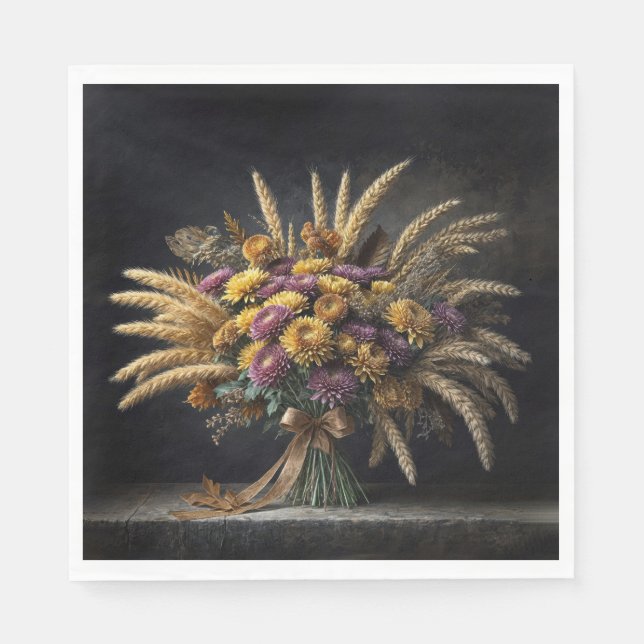 Serviette En Papier Bouquet de blé d'automne et de chrysanthèmes (Devant)