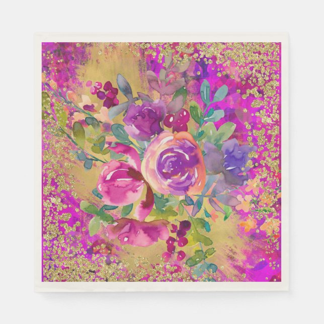 Serviette En Papier Bouquet de fleurs d'aquarelle sur Parties scintill (Devant)