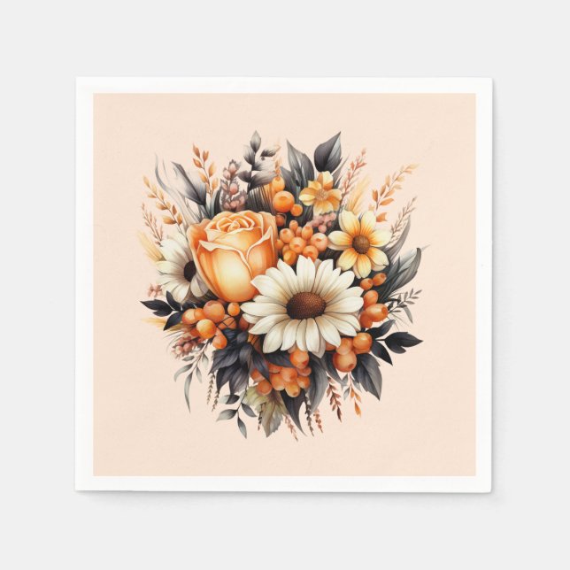 Serviette En Papier Bouquet de fleurs gris-jaune orange (Devant)