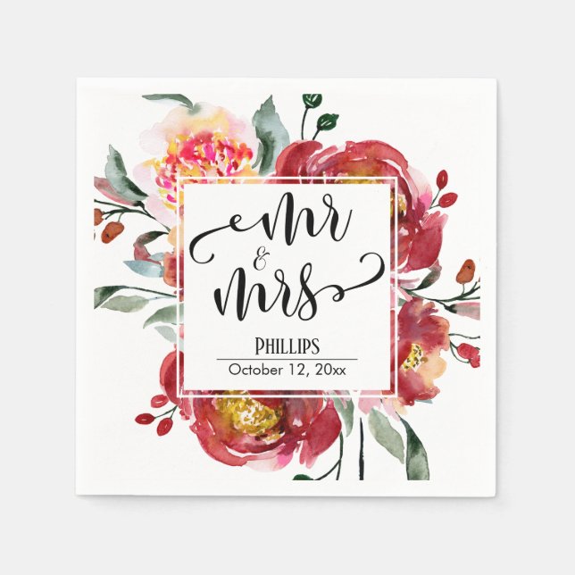Serviette En Papier Bouquet de fleurs Mariages rouges M & Mme Typograp (Devant)