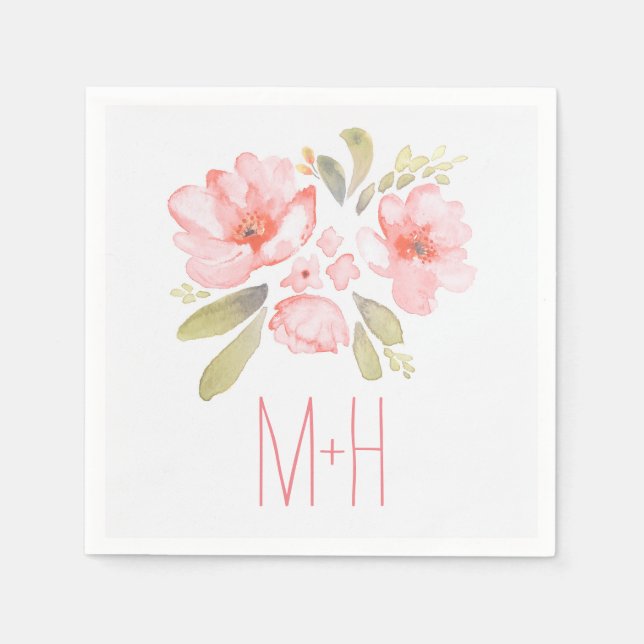 Serviette En Papier bouquet de fleurs rose aquarelle mariage (Devant)