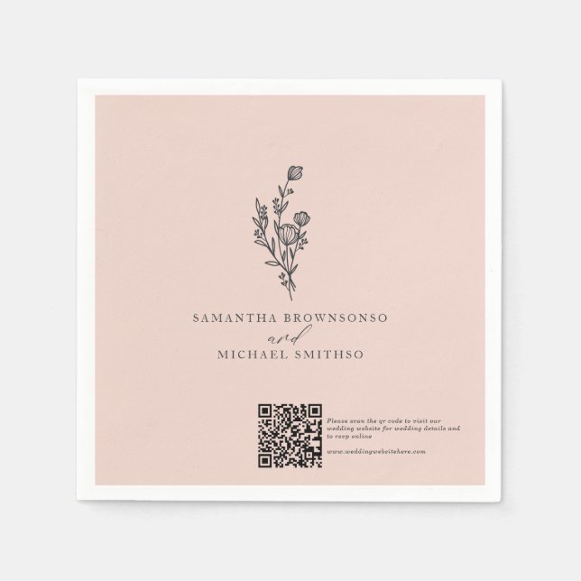 Serviette En Papier Bouquet de fleurs roses Code Qr Jour de mariage (Devant)