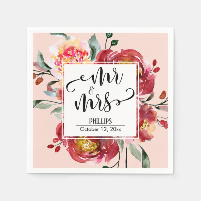 Serviette En Papier Bouquet de fleurs rouges de mariage écriture Mr &  (Devant)