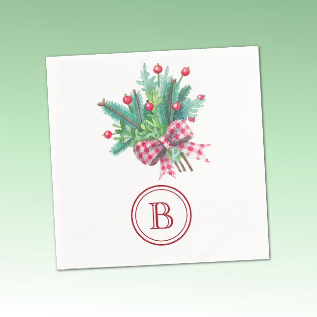 Serviette En Papier Bouquet de Noël initiales, rouge et vert, papier p (Créateur téléchargé)