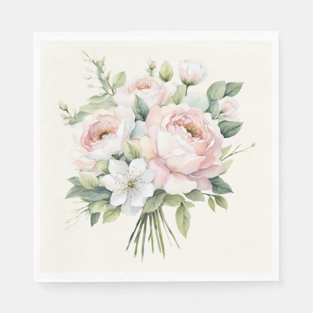 Serviette En Papier Bouquet de roses rose blush aquarelle (Devant)