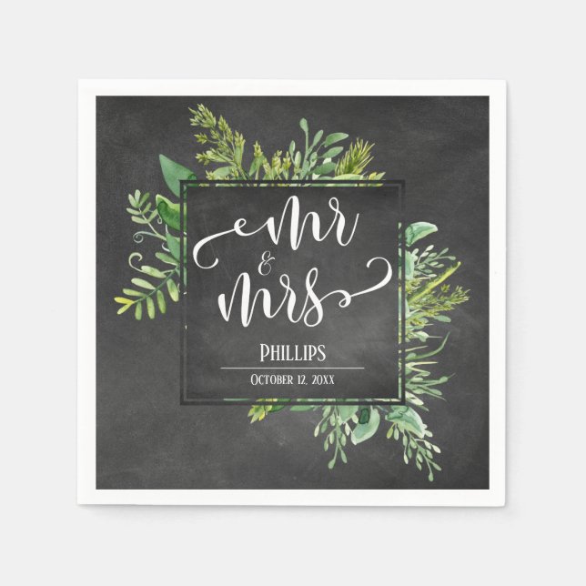 Serviette En Papier Bouquet de verdure Mr & Mrs Typographie Tableau no (Devant)