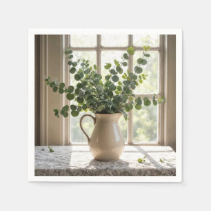 Serviette En Papier Bouquet Eucalyptus Sur Nappe De Dentelle