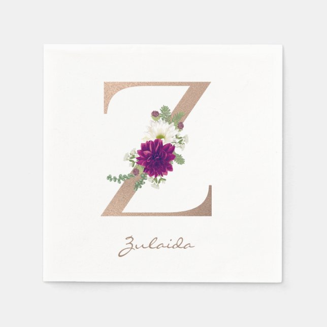 Serviette En Papier Bouquet floral Dahlia rose or monogramme z (Devant)
