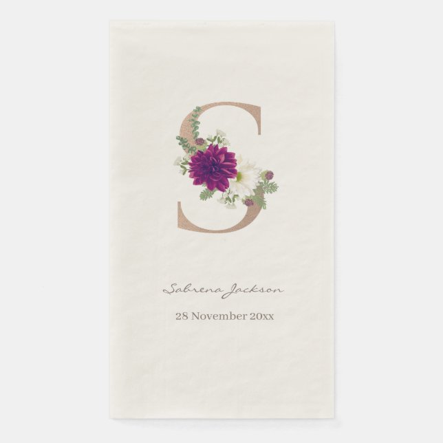 Serviette En Papier Bouquet floral dahlias lettre monogramme or rose S (Devant)