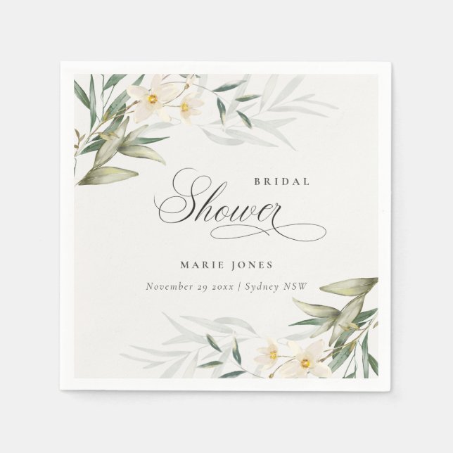 Serviette En Papier Bouquet Floral de Verdure Blanc Rustique pour Fête (Devant)