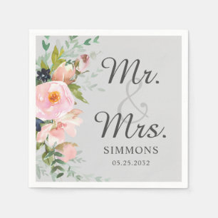 Serviette En Papier Bouquet floral rose gris M. & Mme Mariage