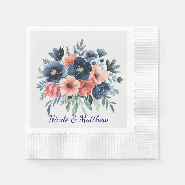 Serviette En Papier Bouquet Mariage bleu et corail (Devant)