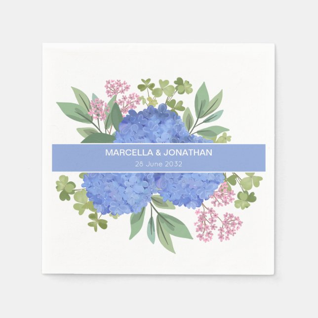 Serviette En Papier Bouquet moderne Blue Hydrangeas Personnalisé (Devant)